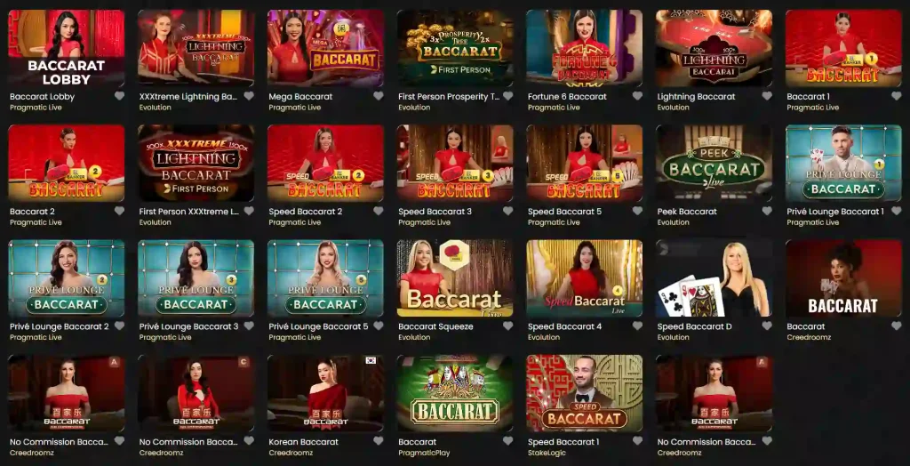 Corsaza Casino Live Baccarat Lobby mit verschiedenen Spielen und Anbietern
