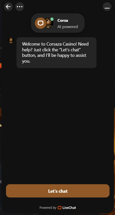 Corsaza Casino Live Chat Fenster mit AI Support und Chat Button