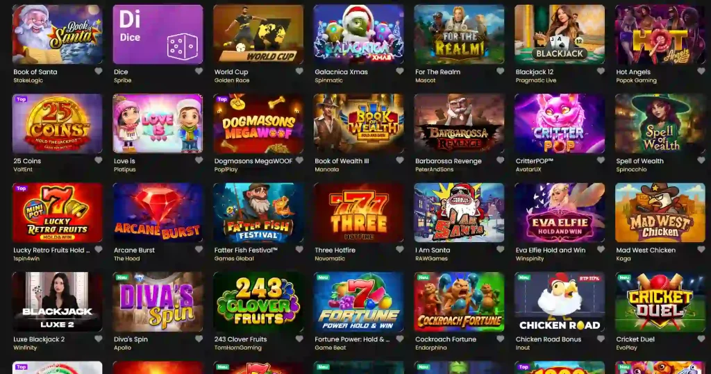 Corsaza Casino Slot Spiele Lobby mit verschiedenen Spielautomaten und Anbietern
