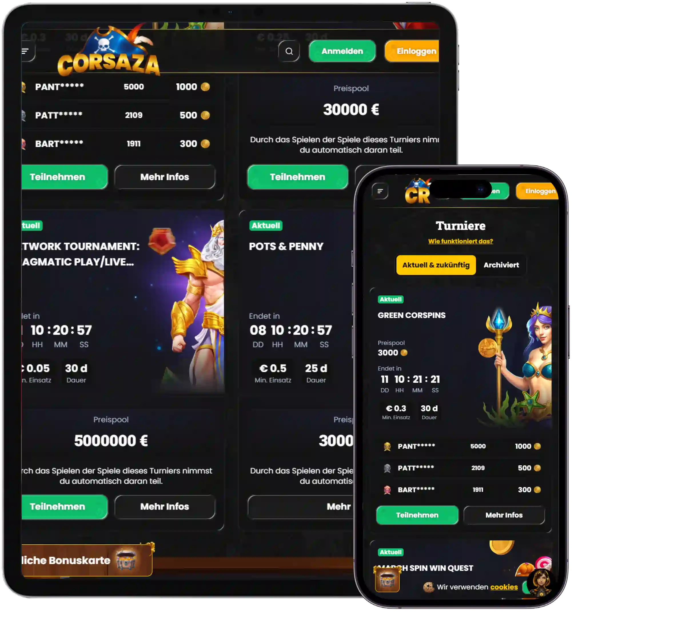 Corsaza Casino Turniere mit Preispools auf Desktop und Mobile Ansicht